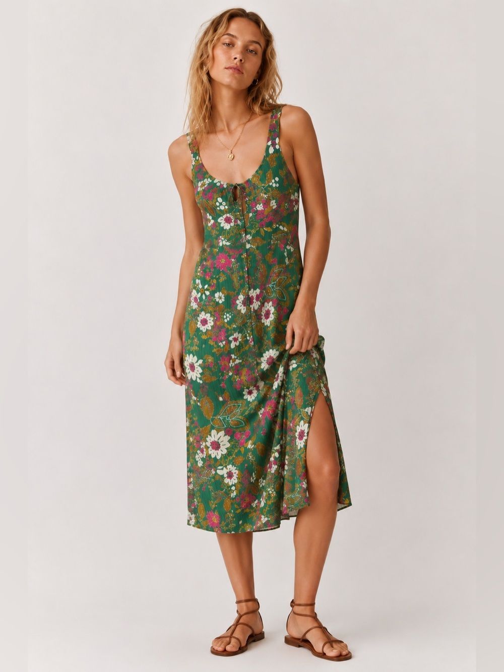 Angie Floral Boho Midi Dress Size S Green Pink Rayon Cottagecore Slip Milkmaid